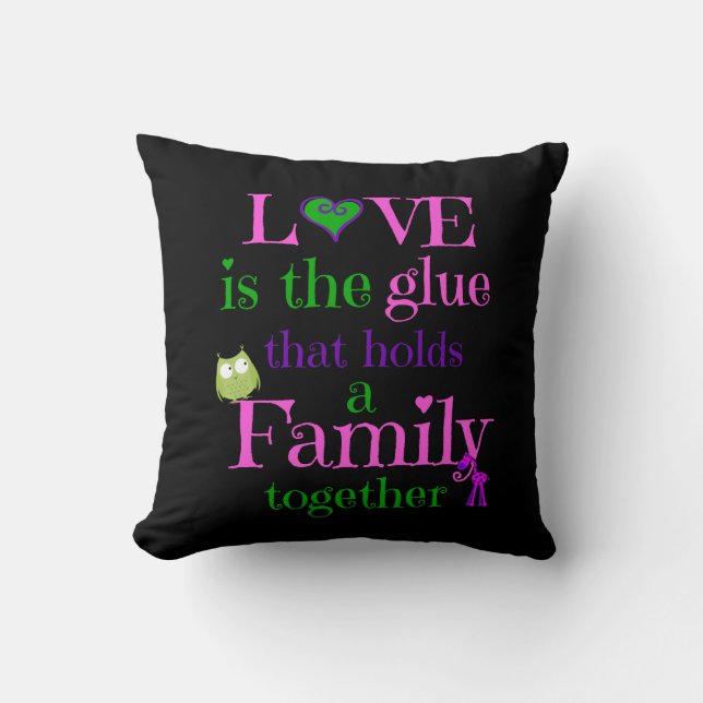 Cute Pillow, LOVE FAMILY pink lime purple on black Throw Pillow (Front)