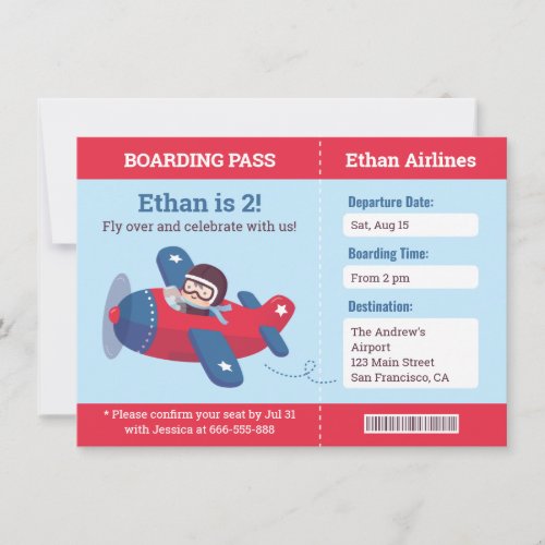 Cute Pilot Airplane Boarding Pass Birthday Party Invitation