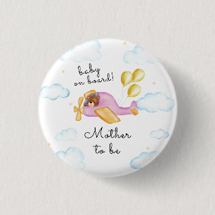 Cute Pilot Bear Airplane Mother To Be Baby Shower Button