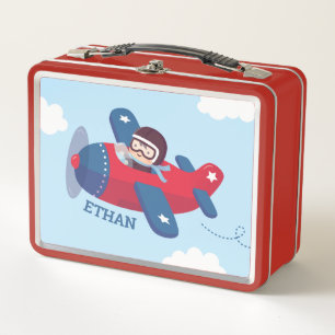 Cute Pilot Boy in Propeller Airplane Personalized Metal Lunch Box