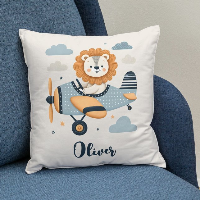 Cute Pilot Lion on Charming Airplane  Throw Pillow (Creator Uploaded)
