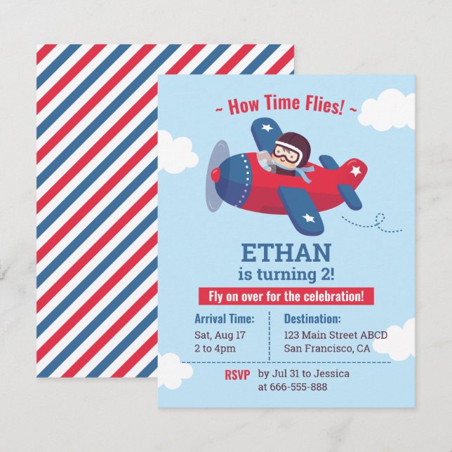 Cute Pilot Propeller Airplane Boys Birthday Party Invitation (Front/Back)