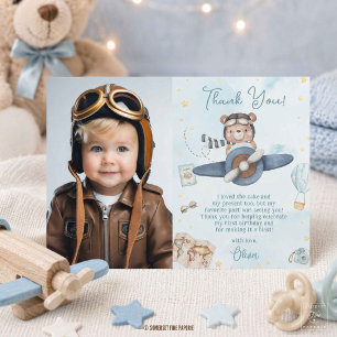 Cute Pilot Teddy Bear Blue Plane Birthday Photo Thank You Card
