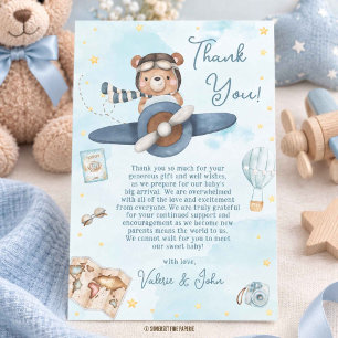 Cute Pilot Teddy Bear Blue Plane Boy Baby Shower Thank You Card