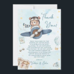 Cute Pilot Teddy Bear Blue Plane Boy Baby Shower Thank You Card<br><div class="desc">Personalize this cute double-sided baby shower thank you card easily and quickly. Simply click the Edit Using Design Tools button to further edit the text, change font styles and font colors. Featuring a cute pilot bear riding a blue plane and a "thank you!" headline. All text is editable. Matching items...</div>