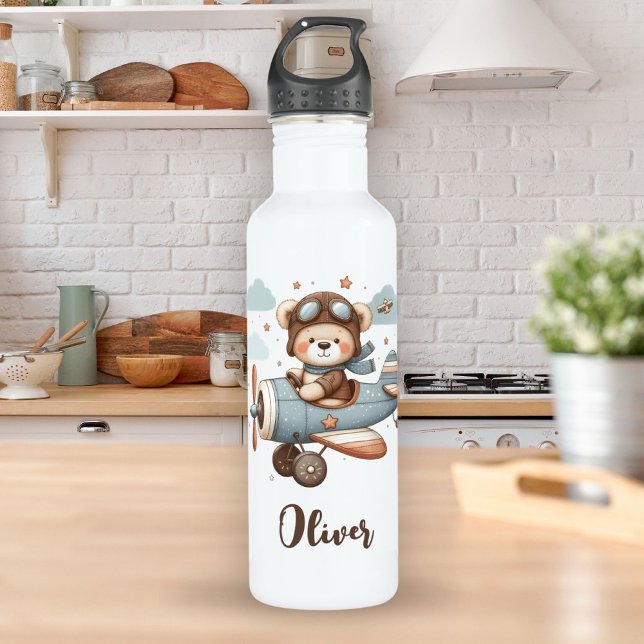 Cute Pilot Teddy Bear Personalized Stainless Steel Water Bottle (Creator Uploaded)