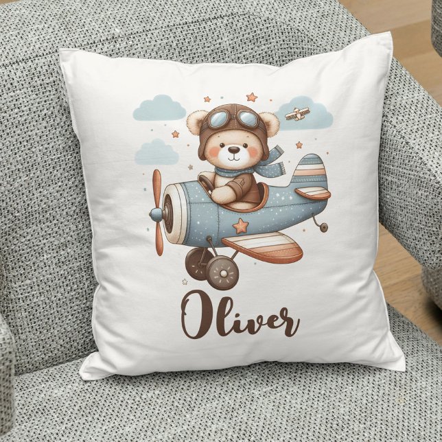 Cute Pilot Teddy Bear Personalized Throw Pillow (Creator Uploaded)