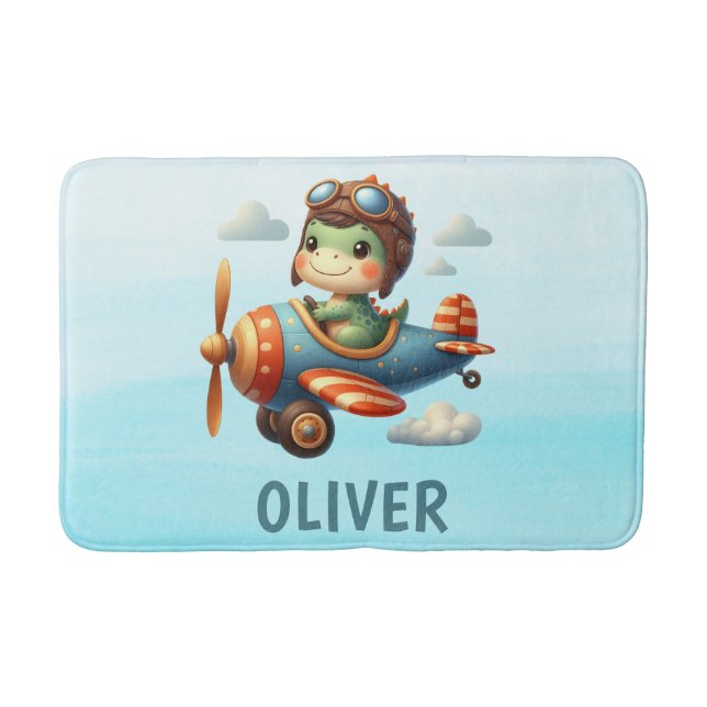 Cute Pilot Trex Dinosaur Flying a Blue Airplane Bath Mat (Front)
