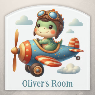 Cute Pilot Trex Dinosaur Flying a Blue Airplane Door Sign