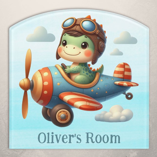 Cute Pilot Trex Dinosaur Flying a Blue Airplane Door Sign (Creator Uploaded)