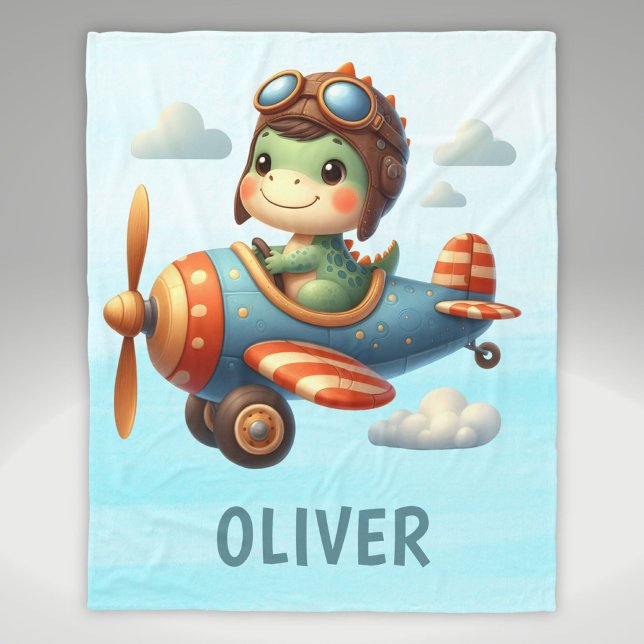 Cute Pilot Trex Dinosaur Flying a Blue Airplane Fleece Blanket (Creator Uploaded)