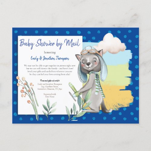 Cute Pilot Wolf Polka Dot Blue Baby Shower by Mail Invitation Postcard