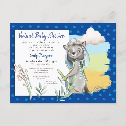 Cute Pilot Wolf Polka Dot Blue Virtual Baby Shower Invitation Postcard