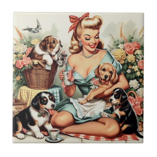 Cute Pin Up and Puppies Ceramic Tile