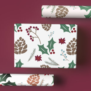 Cute Pine Cone & Holly Berry Christmas Wrapping Paper Sheets