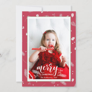 Cute Pine & Holly Christmas Pattern Family Photo Holiday Card