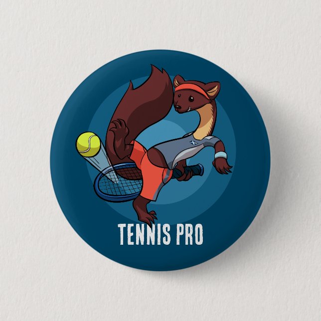 Cute Pine Marten Tennis Pro Trick Shot Cartoon Button (Front)