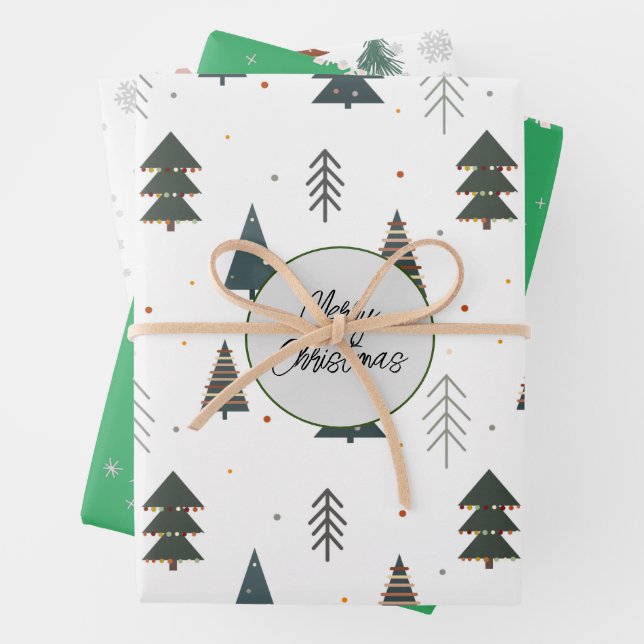 Cute pine tree pattern white and green snowflakes  wrapping paper sheets (In situ)