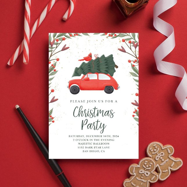 Cute Pine Tree & Red Car Snowy Christmas Party  Invitation (Creator Uploaded)