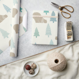 Cute Pine Trees and a Brown Bear Happy Holidays Wrapping Paper