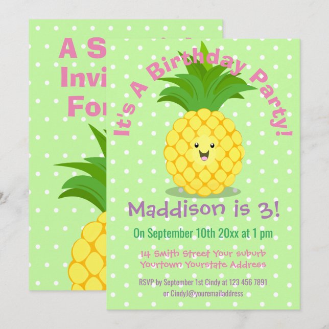 Cute pineapple cartoon illustration invitation (Front/Back)