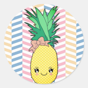 Cute Pineapple Fruit Kawaii Face Summer Style Classic Round Sticker