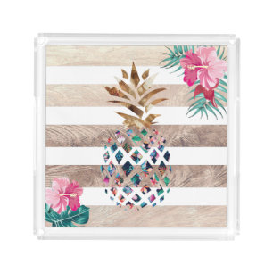 Cute Pineapple gold striped design Acrylic Tray