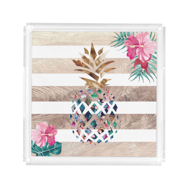 Cute Pineapple gold striped design Acrylic Tray (Front)