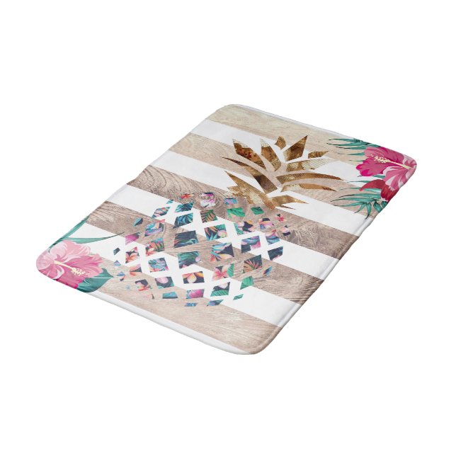 Cute Pineapple gold striped design Bath Mat (Angled)
