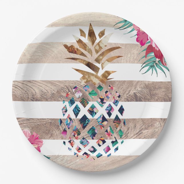 Cute Pineapple gold striped design Paper Plates (Front)