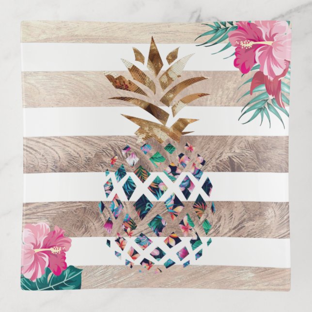 Cute Pineapple gold striped design Trinket Tray (Front)