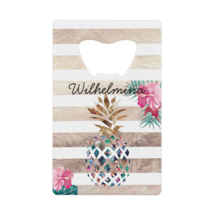 Cute Pineapple gold striped monogram Credit Card Bottle Opener