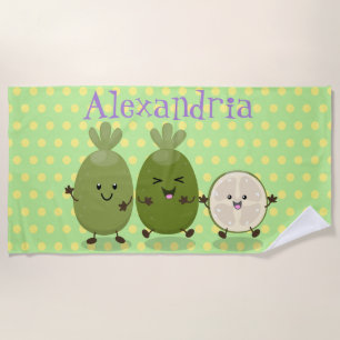 Cute pineapple guava feijoa cartoon illustration beach towel