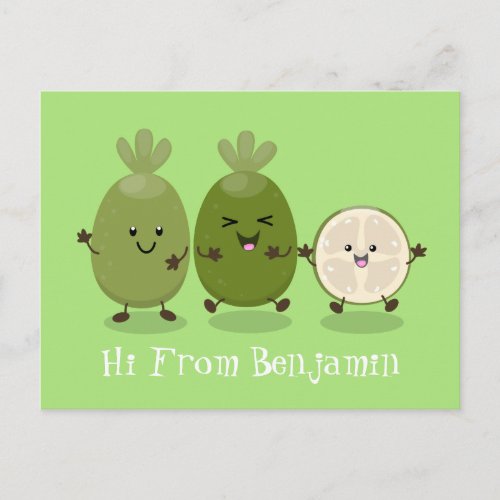 Cute pineapple guava feijoa cartoon illustration postcard