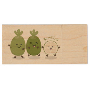 Cute pineapple guava feijoa cartoon illustration wood flash drive