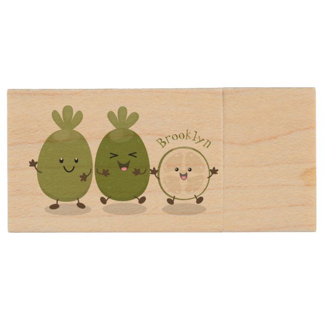 Cute pineapple guava feijoa cartoon illustration wood flash drive (Front)