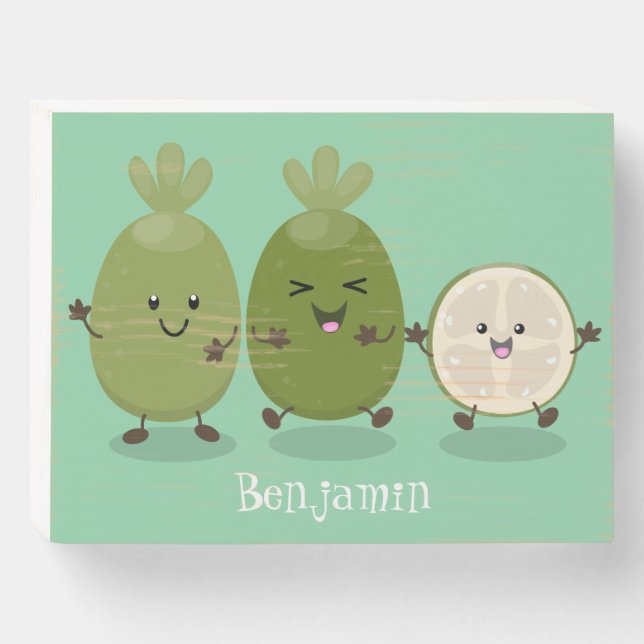 Cute pineapple guava feijoa cartoon illustration wooden box sign (Front Horizontal)