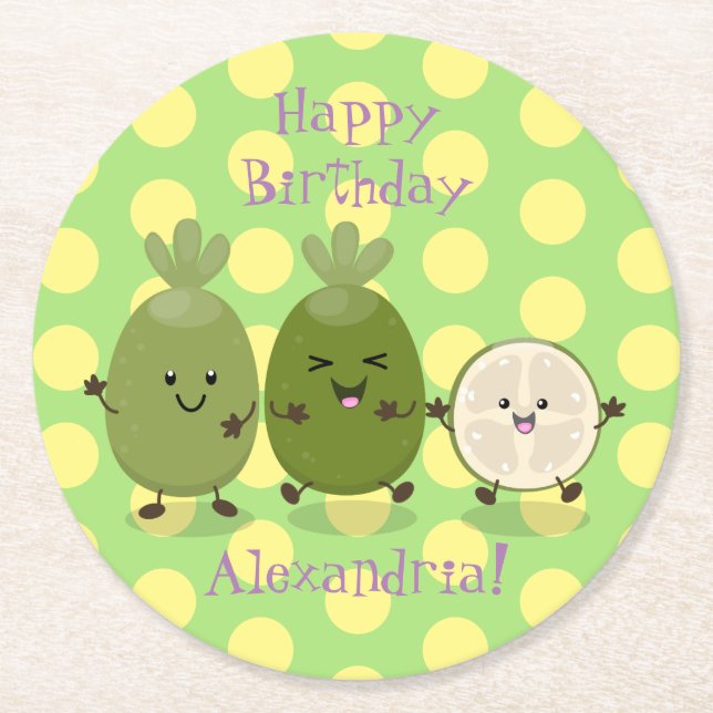 Cute pineapple guava feijoa funny cartoon round paper coaster (Front)