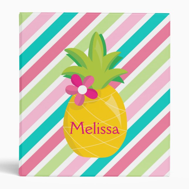 Cute Pineapple on Striped Background 3 Ring Binder (Front)