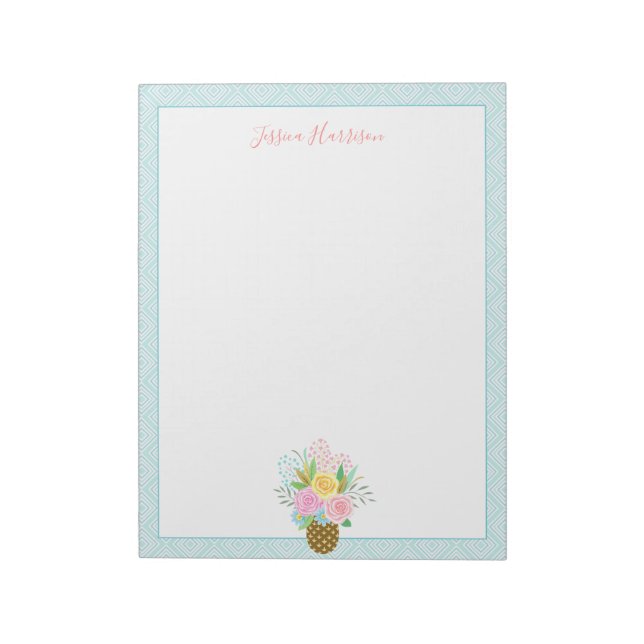 Cute Pineapple Roses Bouquet Pink Turquoise Big Notepad (Rotated)