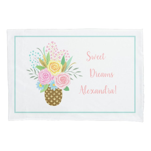 Cute Pineapple Roses Bouquet Pink Turquoise Pillow Case (Front)
