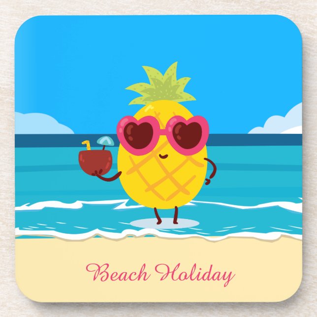 Cute Pineapple Tropical Beach Holiday Summer Vibes Beverage Coaster (Front)