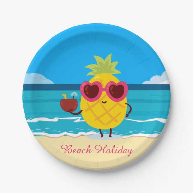 Cute Pineapple Tropical Beach Holiday Summer Vibes Paper Plates (Front)