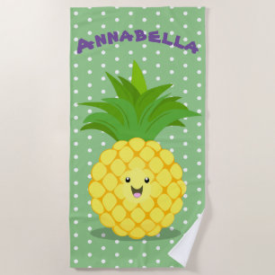 Cute pineapple tropical fruit cartoon illustration beach towel