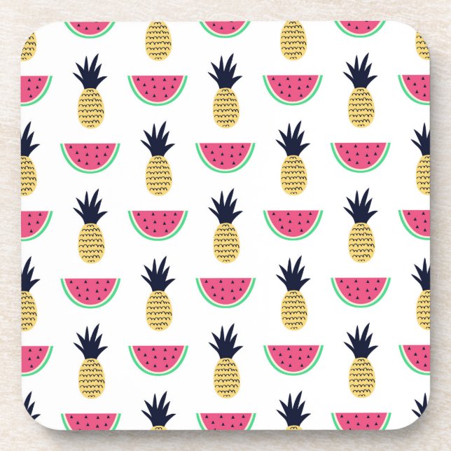 Cute Pineapple & Watermelon Doodle Pattern Beverage Coaster (Front)