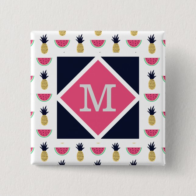 Cute Pineapple & Watermelon Doodle Pattern Button (Front)