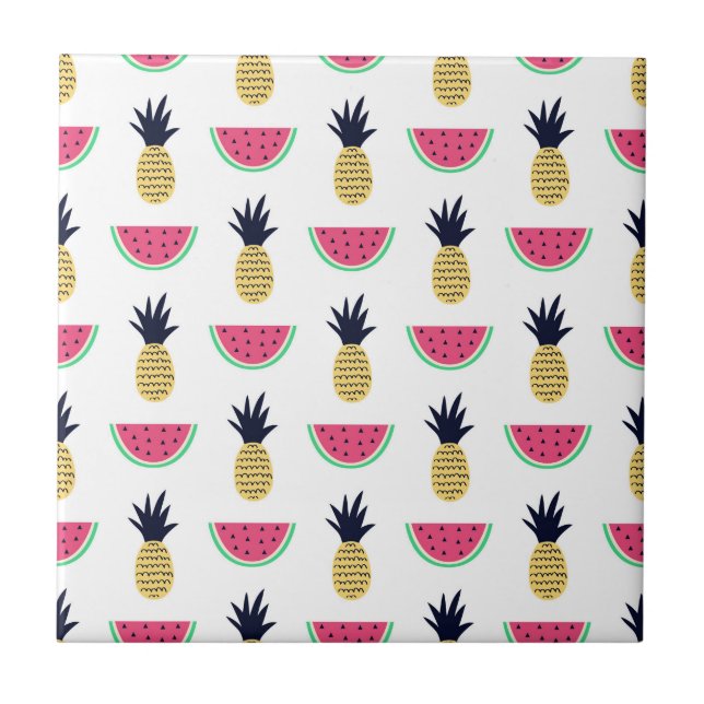 Cute Pineapple & Watermelon Doodle Pattern Ceramic Tile (Front)