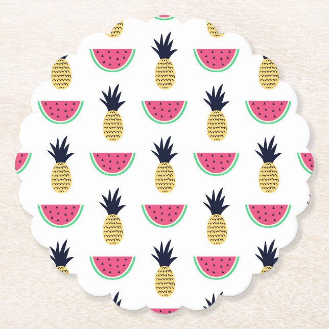 Cute Pineapple & Watermelon Doodle Pattern Paper Coaster (Front)