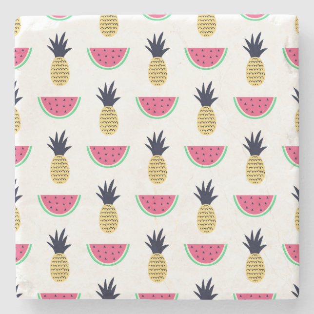 Cute Pineapple & Watermelon Doodle Pattern Stone Coaster (Front)