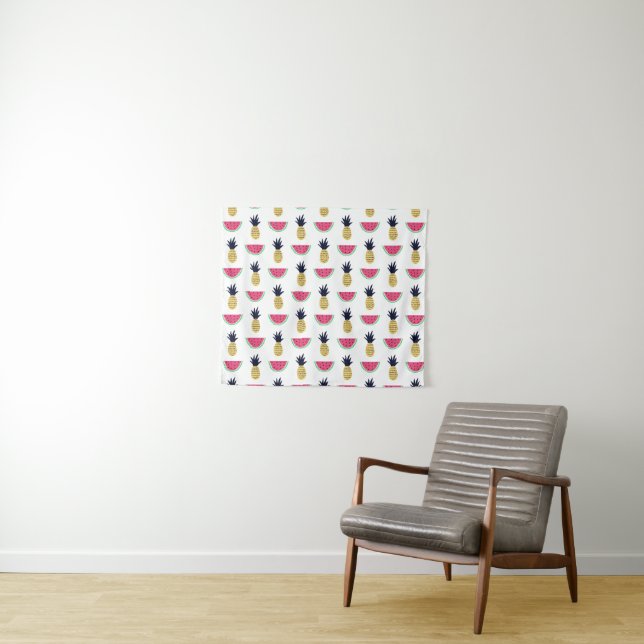 Cute Pineapple & Watermelon Doodle Pattern Tapestry (In Situ (Horizontal))